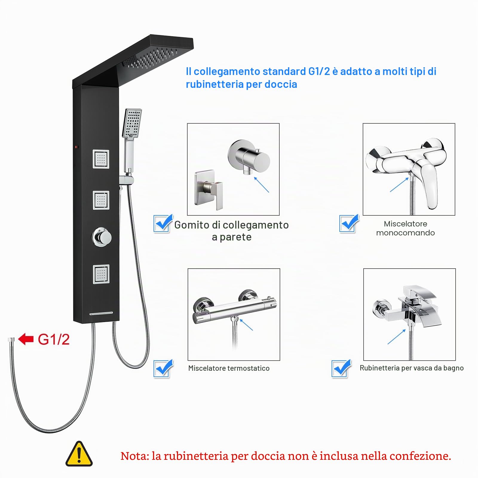 Pannello doccia LED senza rubinetto, 4 funzioni, pannello doccia con doccia a pioggia LED, 3 ugelli massaggianti, doccetta e ingresso vasca da bagno, colonna doccia in acciaio inox 304