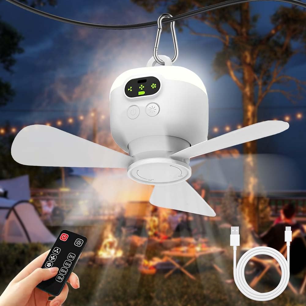 Lámpara Ventilador Techo con Mando a Distancia, Ventilador de Techo con Luz, USB Recargable Lámpara Ventilador con Velocidades, Temporizador, Ventilador de Camping con Linterna LED