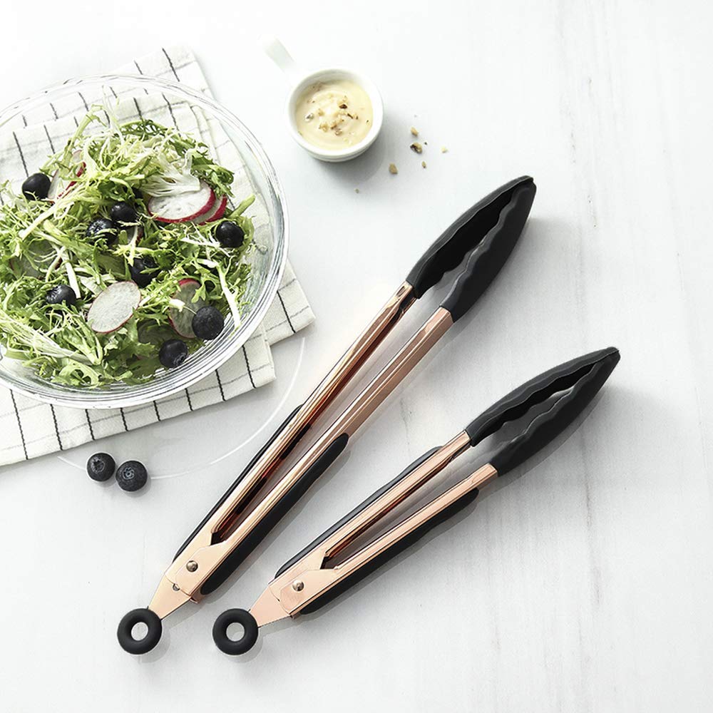 Cooking Tongs-Rose Gold Tongs Copper Stainless Steel Silicone Tipped Kitchen Food BBQ and Cooking Tongs 30CM for Non Stick Cookware, BPA Fee, Locking, Grill Tongs(Black)