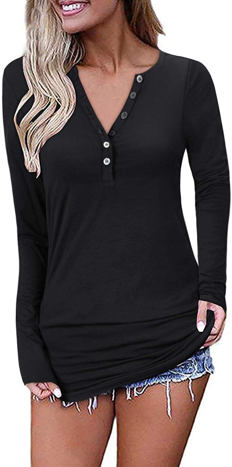 OUGES Womens Long/Short Sleeve Tops V-Neck Button Causal Henley Tunic Ladies T Shirt Blouse