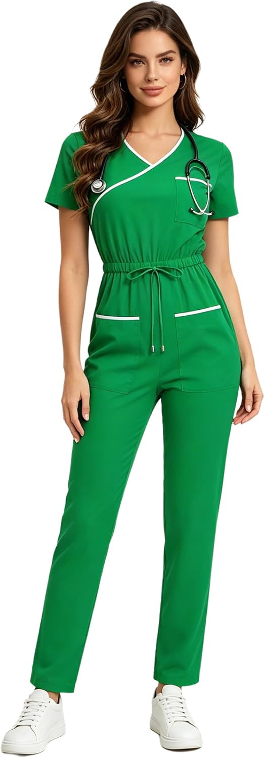 Scrub Jumpsuit for Women's V Neck Mechanic Nursing Uniform with 3 Pockets Comfy Lightweight Coveralls