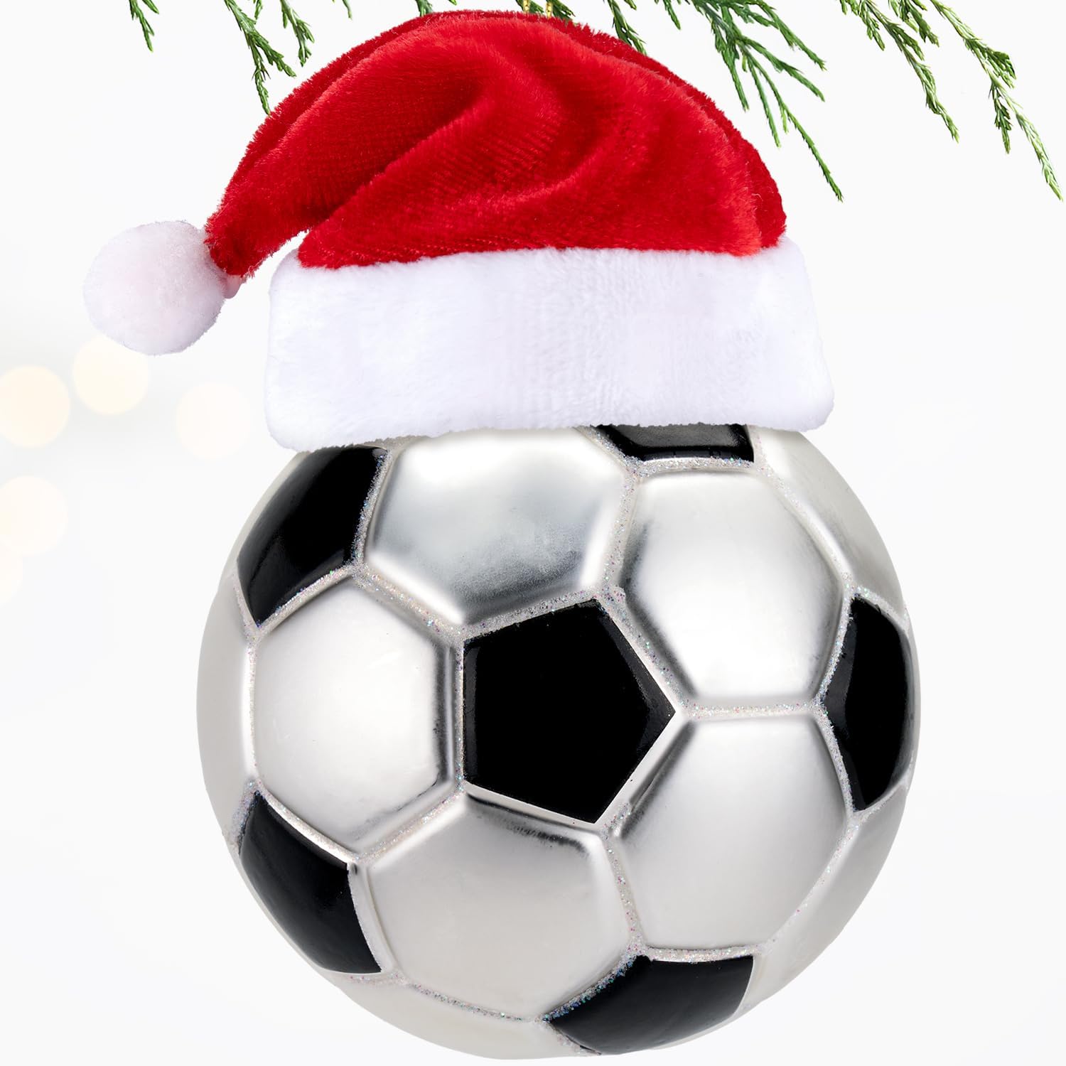 Christmas Soccer Small Glass Blown Ornament, 2025 Hand-Painted Mini Sports Ball Decoration with Removable Santa Hat for Boys and Girls, Xmas Tree Themed Party Holiday Decor Kids Gifts