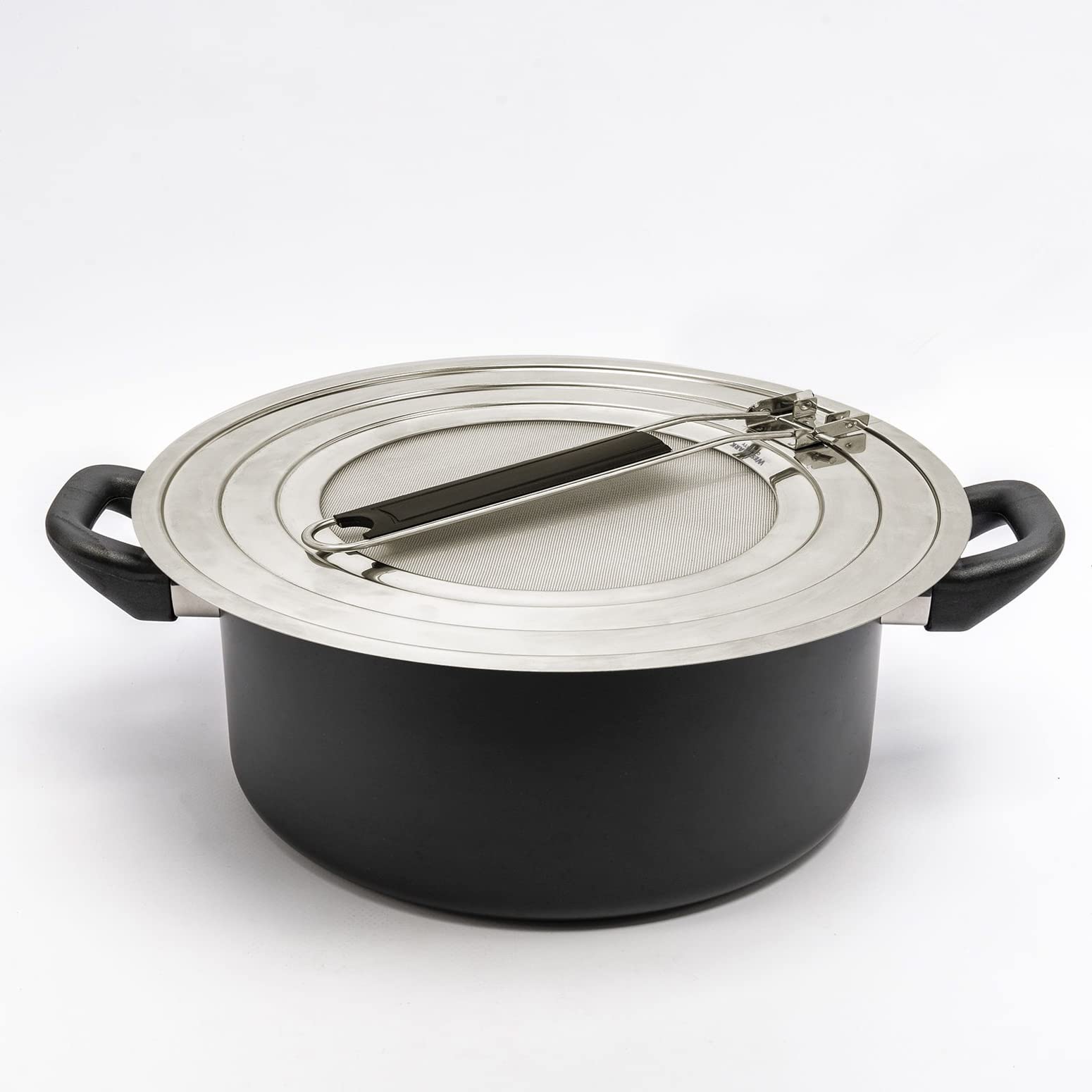 Westmark Coperchio Paraspruzzi, Per Pentole e Padelle con Diametro di 20, 24 e 28 cm, Manico con Isolamento Termico, Acciaio Inox, Exclusiv, Argento/Nero, 12192270