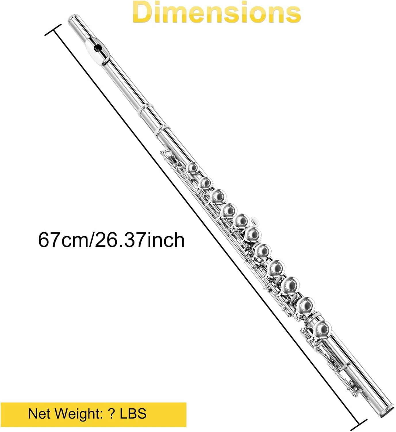 Diagram showing the Vangoa VF-1 C Flute with a length measurement of 67cm or 26.37 inches