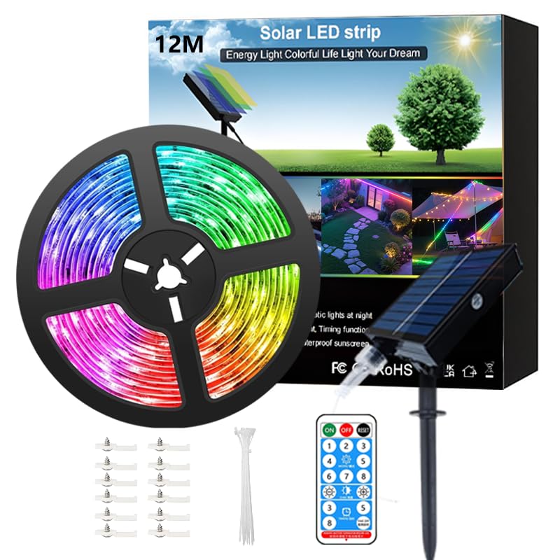 Meewata Bande lumineuse solaire d'extérieur étanche multicolore de 12 m, lumières de jardin à intensité variable avec télécommande et dynamique, 8...