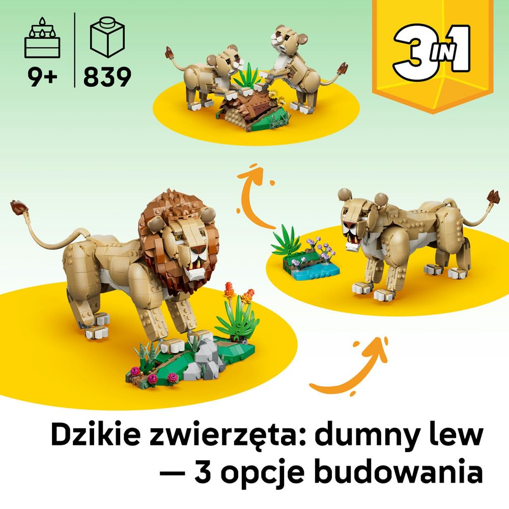 LEGO Creator 3 w 1 Dzikie zwierzęta: Dumny lew 31386 | Zestaw klocków konstrukcyjnych, figurki zwierząt do przebudowy, kreatywny prezent dla dziewczynki i chłopca 9+, 839 elementów