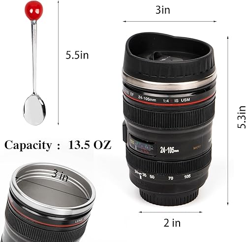 Miniatura 8 de Taza de café con lente de cámara, taza de café de viaje, taza de lente de acero inoxidable, termo con tapa y cuchara, regalos geniales para