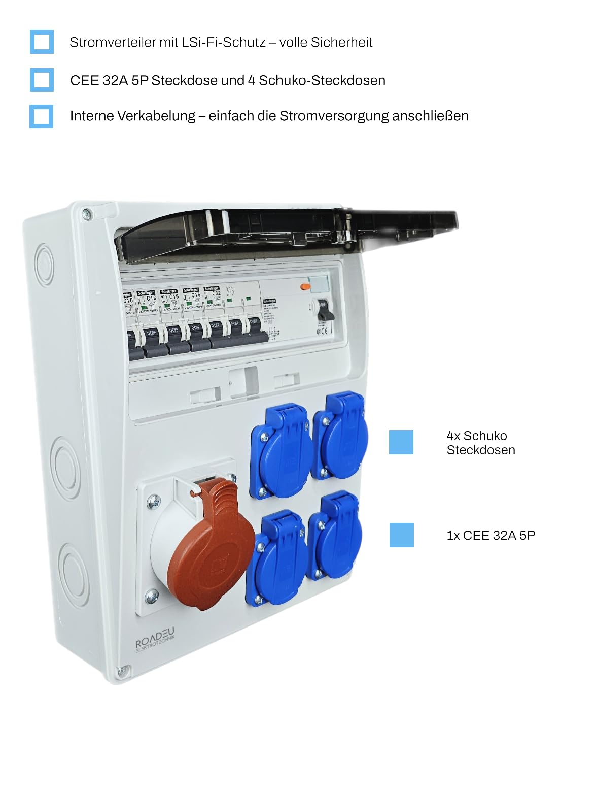 RoadEu- Quadro Elettrico di Distribuzione Industriale, presa CEE 32A con 4 prese Schuko da 230 V. Distributore di presa con interruttore di corrente residuale e interruttore automatico