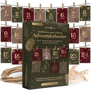 Lebenskompass Adventskalender Karten Set Jahresunabhängig – 24 Achtsamkeitskarten mit Clips & Fäden – Kreativer Selbstliebe Adventskalender zum Aufhängen, für Achtsamkeit und Reflexion