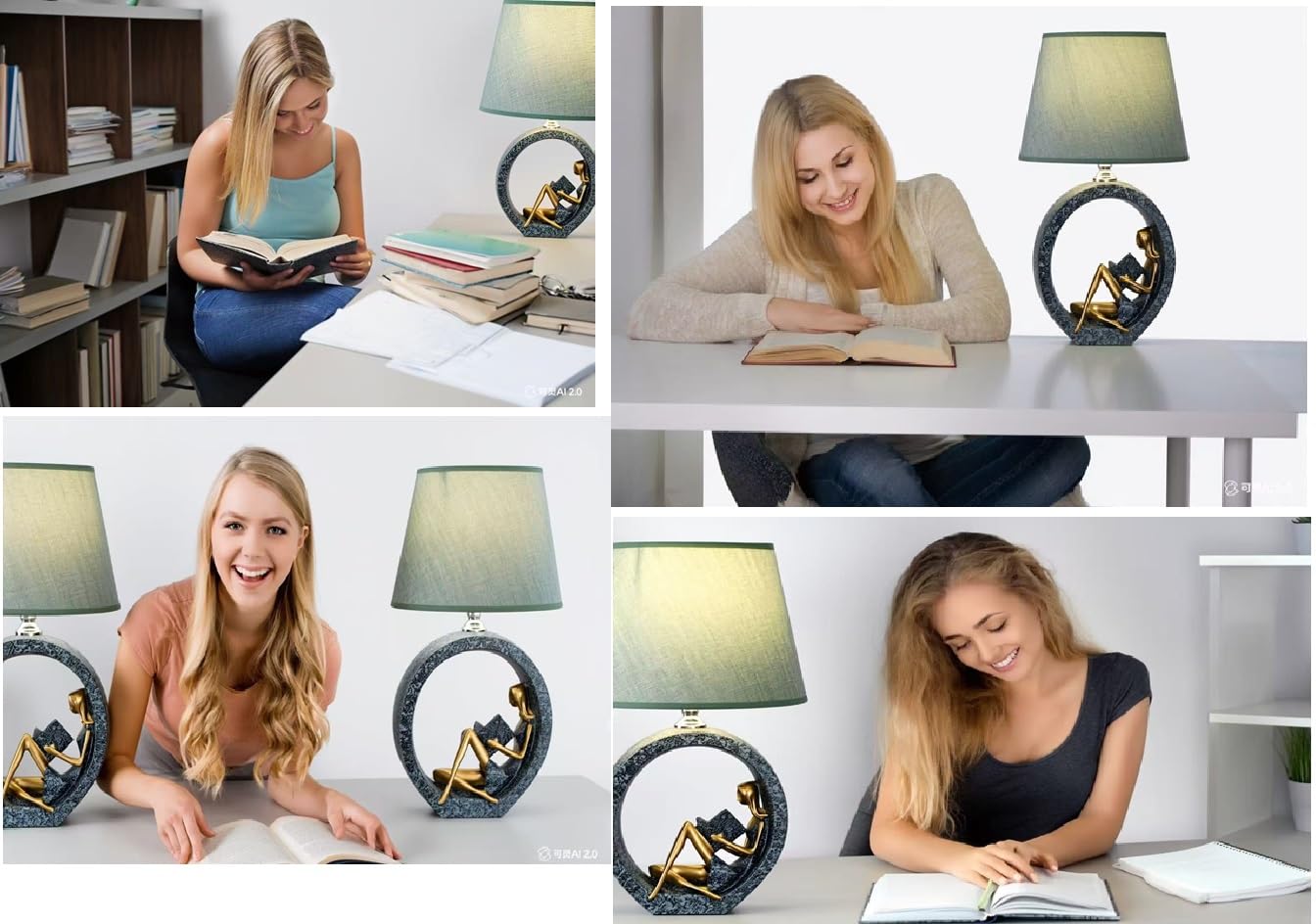 Creative Girl Lampe de bureau décorative avec base de figurine de lecture, vert noirâtre et or, hauteur 43 cm, abat-jour blanc, décoration artistique