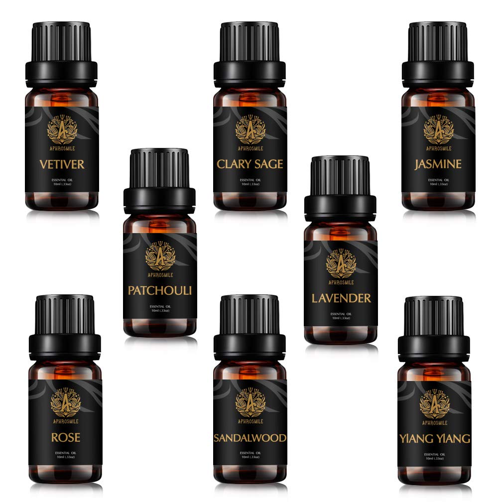Aromatherapie Vetiver ätherisches Öl Set für Diffusor, 8x10ml 100% reine Clary Salbei ätherisches Öl Kit für Hause - Jasmin, Lavendel, Patchouli, Rose, Sandelholz, Ylang Ylang ätherisches Öl set