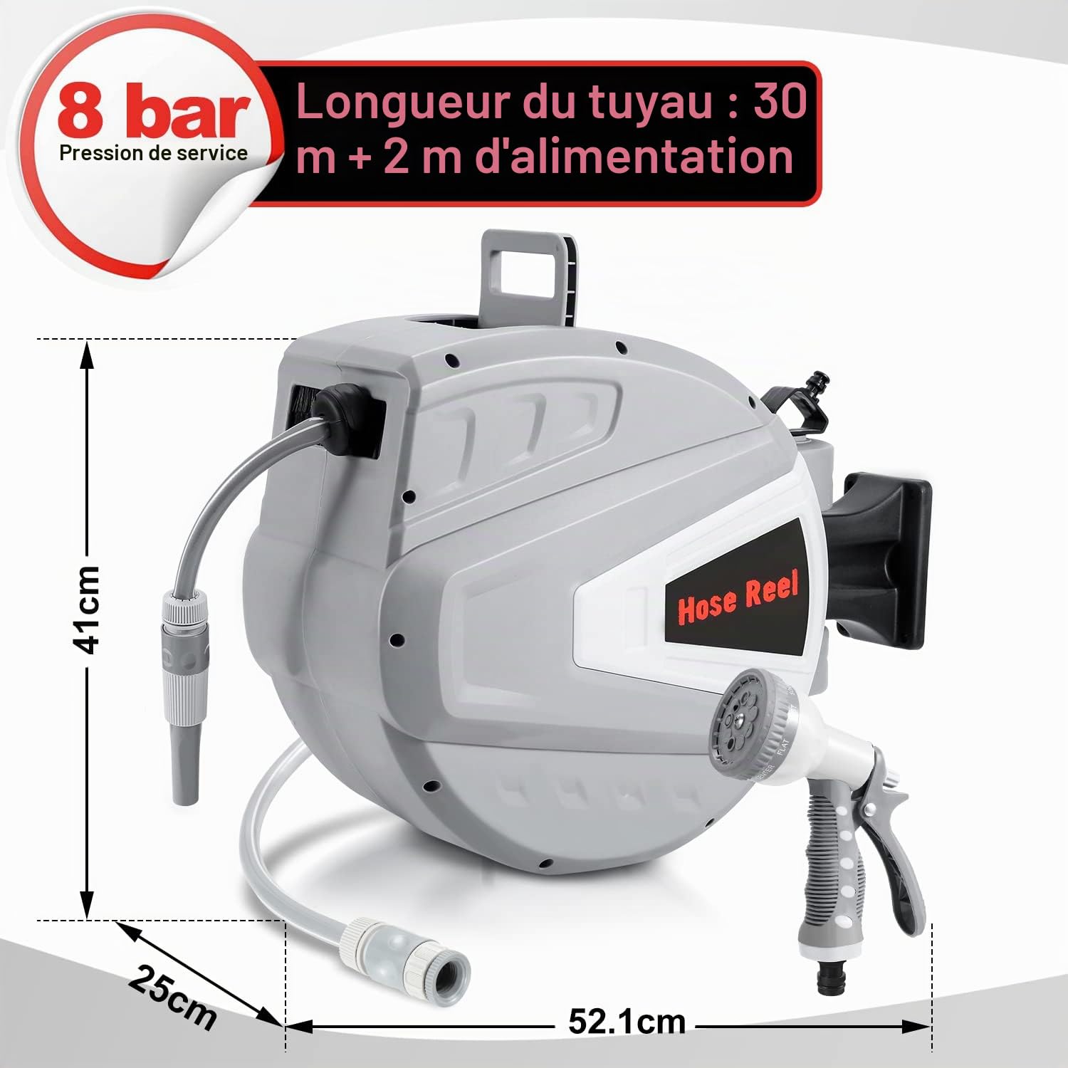 Enrouleur de tuyau d'eau 30 + 2 m avec support mural/douchette/matériel de montage, enrouleur automatique, tuyau d'arrosage, enrouleur de tuyau mural, gris