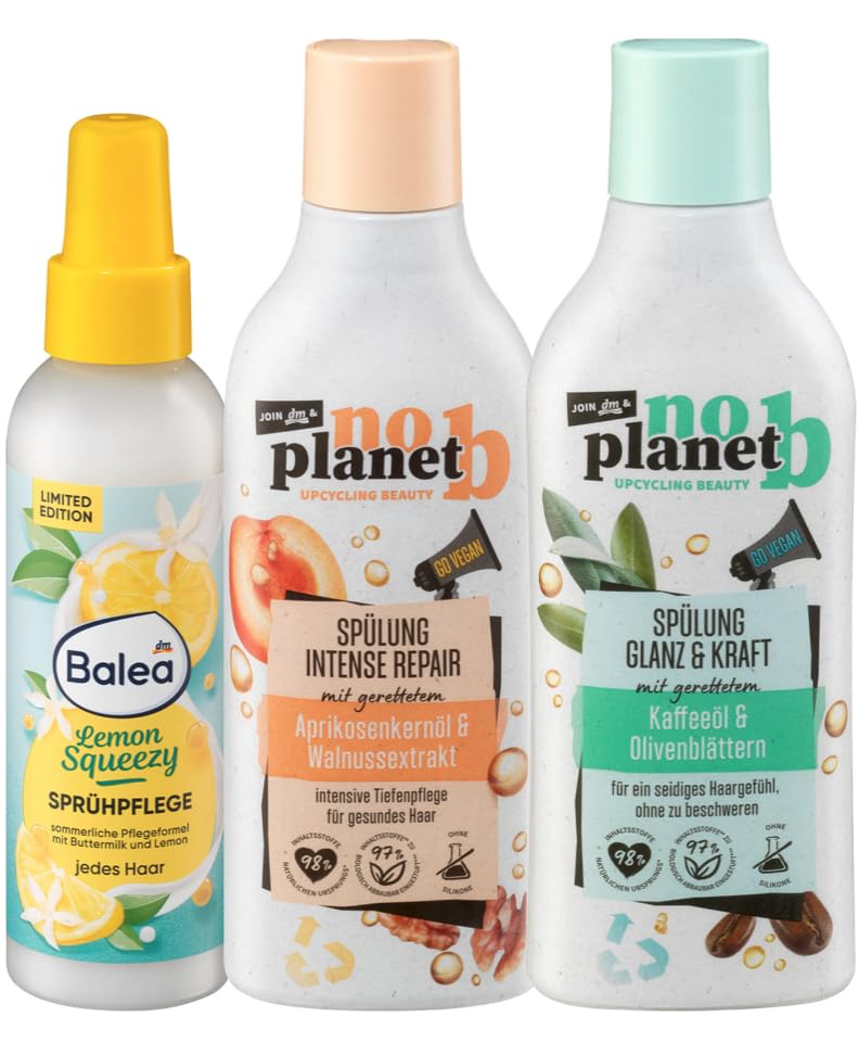 Balea x no planet b 3er-Set Haarpflege: Sprühkur LEMON SQEEZY (150 ml) + Conditioner INTENSE REPAIR Tiefenpflege mit Aprikosenkernöl (300 ml) + Haarspülung GLANZ & KRAFT mit Kaffeeöl (300 ml), 750 ml