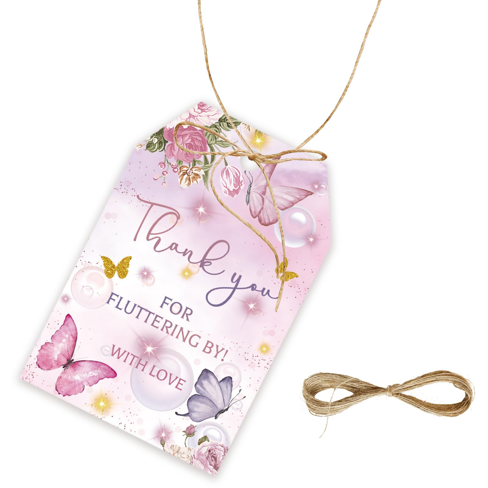 50pcs Butterfly Thank You Tags, Butterfly Gift Tag with String for Wedding Party, Thank You Paper Tags for Birthday/Flower Engagement/Floral Bridal Shower Party Favors