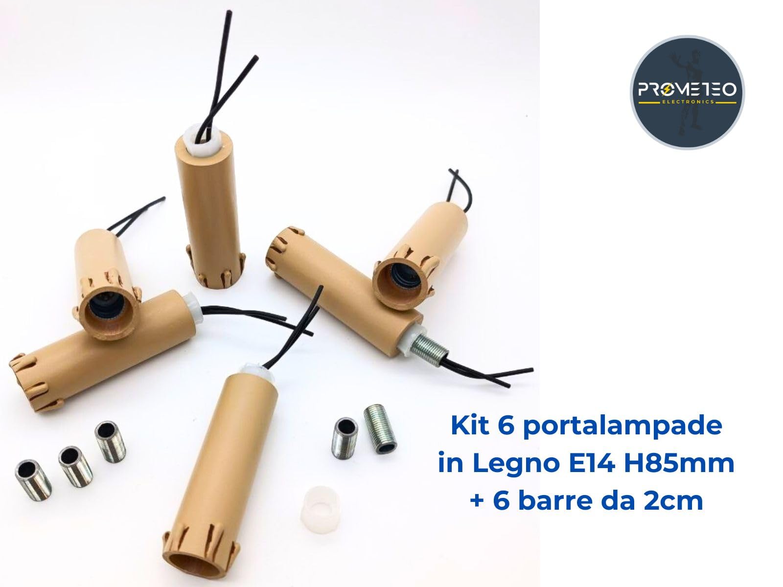 Kit 6 Portalampade E14 Candela in Legno Antichizzato 85mm con Barre Filettate M10 – Ricambi per Lampadari, Candelabri e Applique Vintage