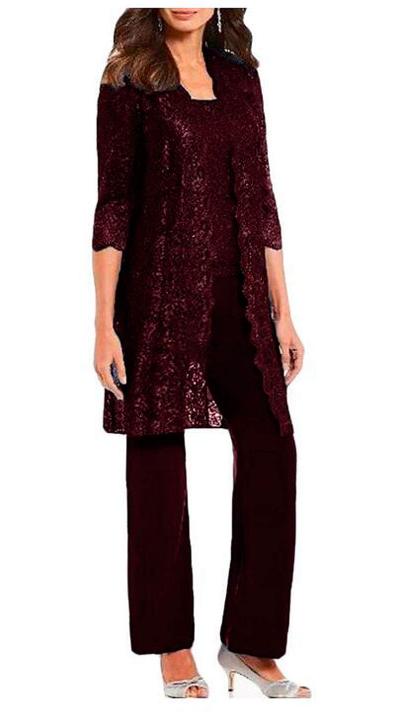 Botong Women's Burgundy 3 Pc Mother Of The Bride Pants Suit For Wedding Long Lace Jacket Chiffon Outfits For Prom Evening Uk18