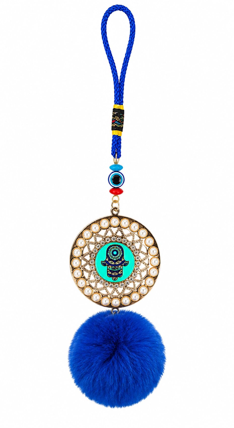 Hamsa Hand Evil Eye Hanging Charm with Pom Pom, Blue | Dream Catcher Medallion, Pearl & Crystal Accents, Braided Rope Loop, Protective Talisman, Home or Car Decor-image-12