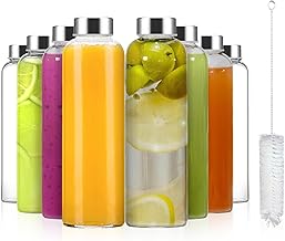 8pcs Glass Water Bottles with Lids, 500ml Glass Juice Bottles, Reusable Drinking Bottle Leakproof, Clear Glass Bottles for Juicing,Sauce Jar, Hot & Cold Drinks, Milk,With Cleaning Brush