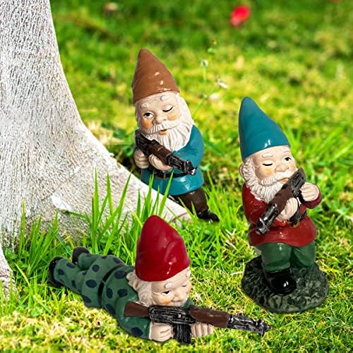 PERFECTOP 3Pcs Military Soldier Garden Gnomes with Guns AK47, Funny Army War Combat Defender Gnome Statue Figurines, Indoor Outdoor Patio Yard Lawn Desktop Decor, Thanksgiving Christmas Ornament Gift