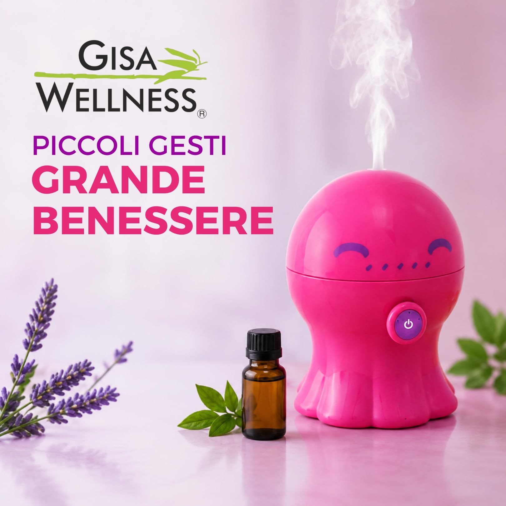 POLLY Umidificatore Ambiente Bambini 300ml con Luce Notturna e Timer Diffusore per Ambienti di Aromi e Oli Essenziali Umidificatore Ambiente Ultrasuoni Aromaterapia Autospegnimento Rosa Gisa Wellness