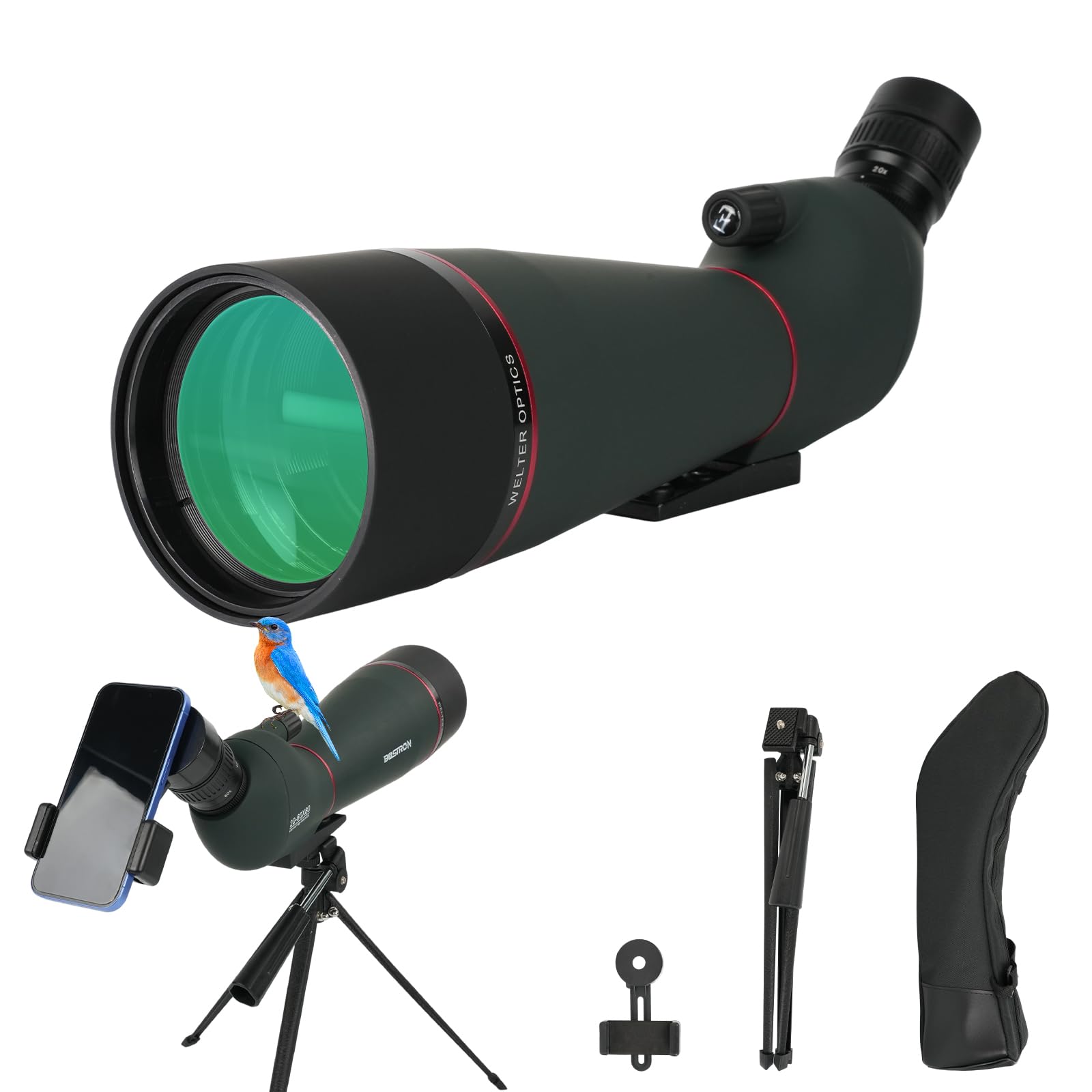 Telescopio Terrestre y Astronómico 20-60x80, con Trípode y Adaptador para Móvil - Lente FMC Verde, Zoom Profesional para Observación de Aves, Caza y Naturaleza - Kit Completo
