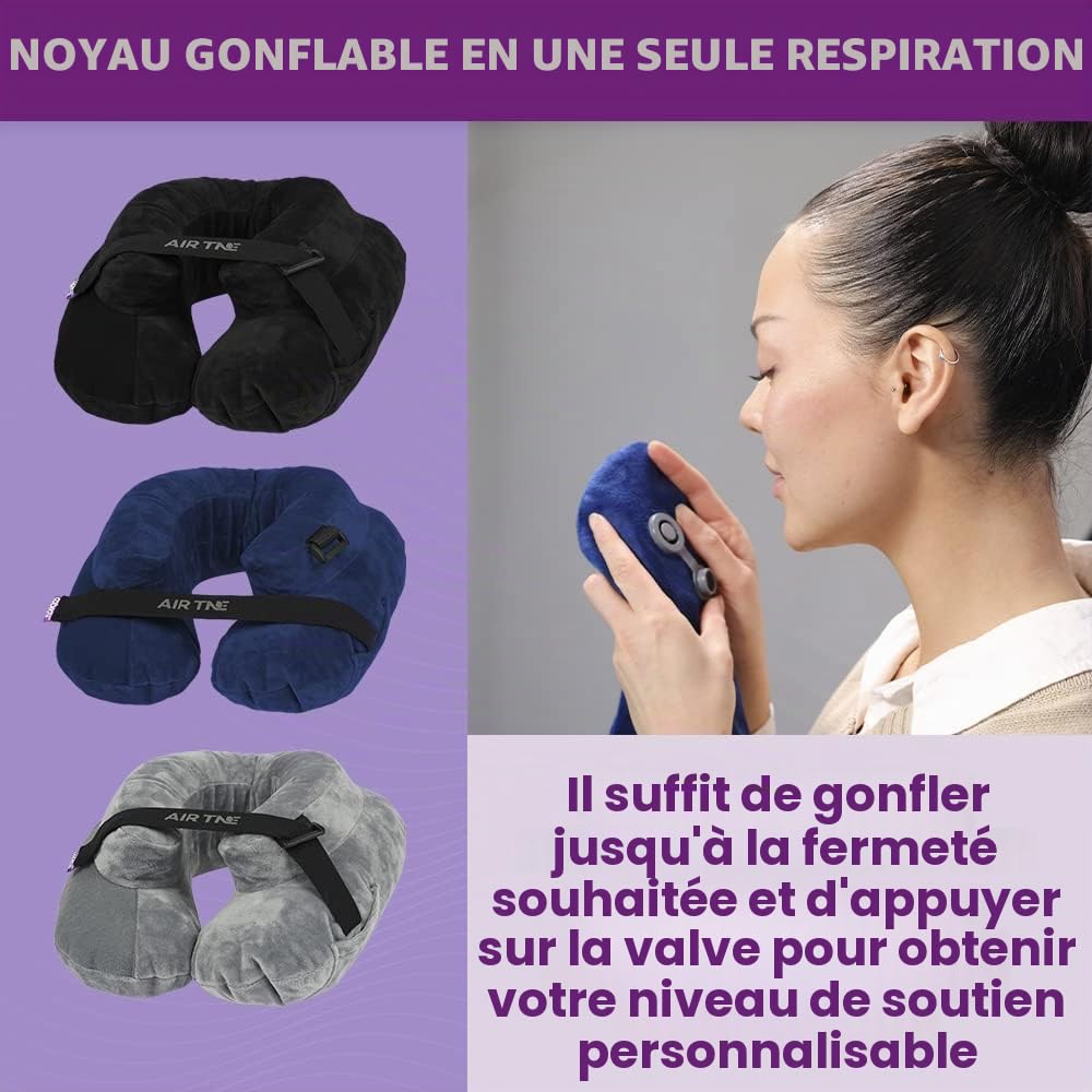 Cabeau Oreiller de voyage gonflable – Air TNE – Réglable, léger et offrant un bon maintien pour dormir dans les avions, les trains et les voitures – Ajustement personnalisé et étui de transport