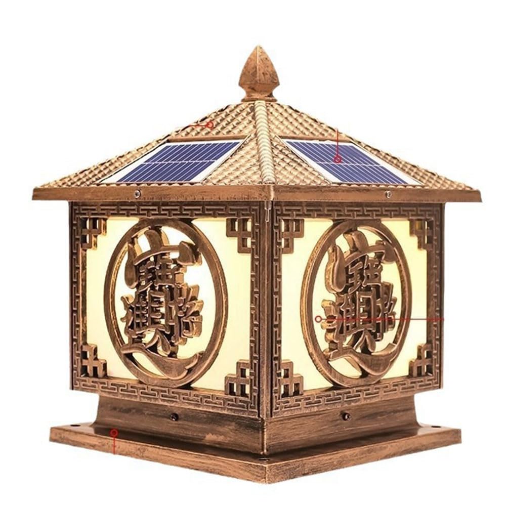 KUEYANB Chinese Style Metal Solar Post Cap Light for Villa Courtyard Garden Easy to Install Pillar Lamp for Fence Deck Retro Style Outdoor Column Lamp Solar Powered for Garden Corridor Driveway