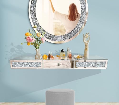 Miniatura 2 de Estante de pared de muebles con espejo con cajón, vitrina flotante de diamantes de cristal, espejo plateado, tocador decorativo de diamante