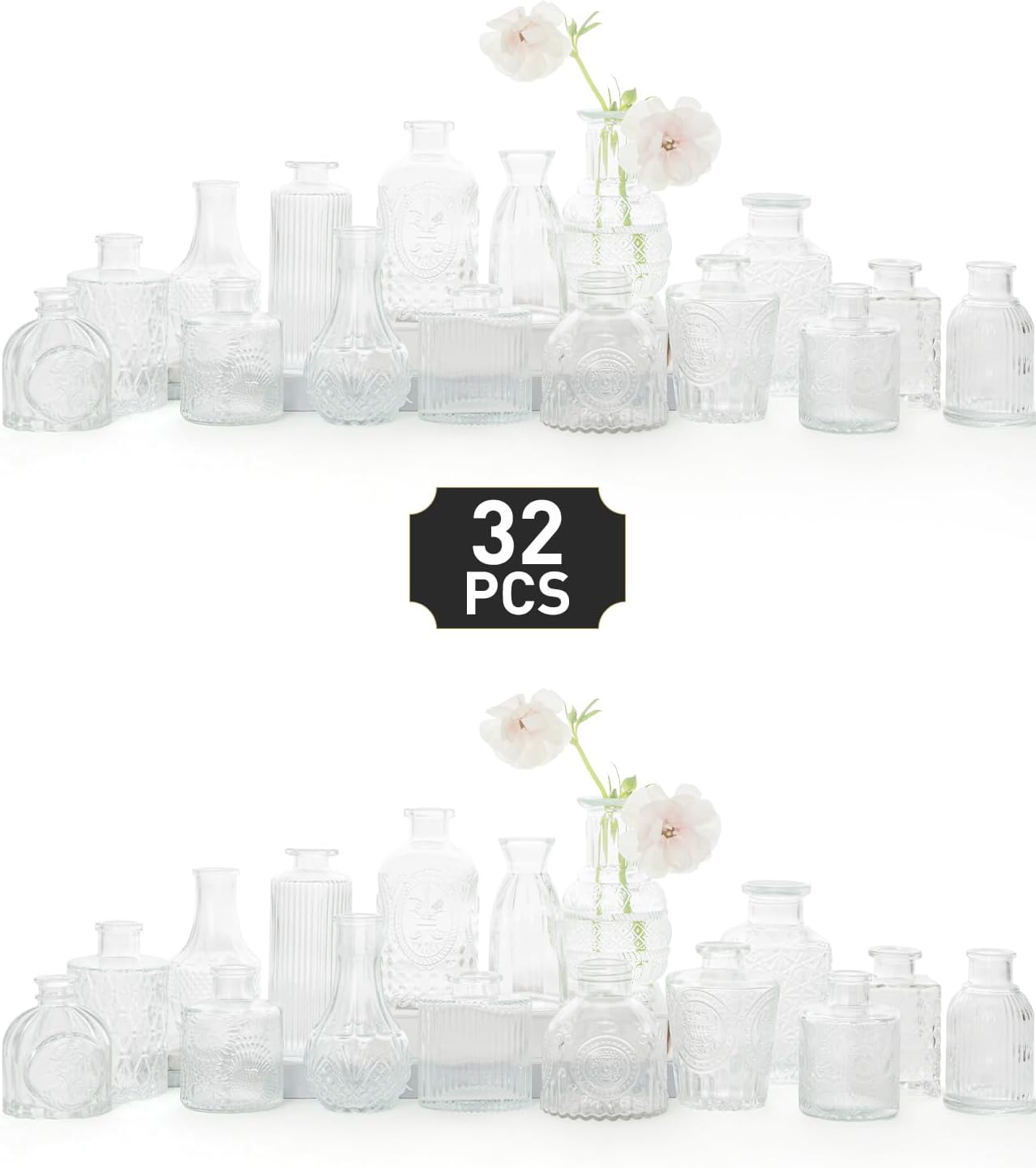 Glass Bud Vase Set of 32 - Clear Bud Vases in Bulk, Small Vases for Flowers, Cute Vases for Centerpieces, Mini Vintage Vase for Rustic Wedding Decorations, Home Table Flower Decor Clear-32pcs 32pcs