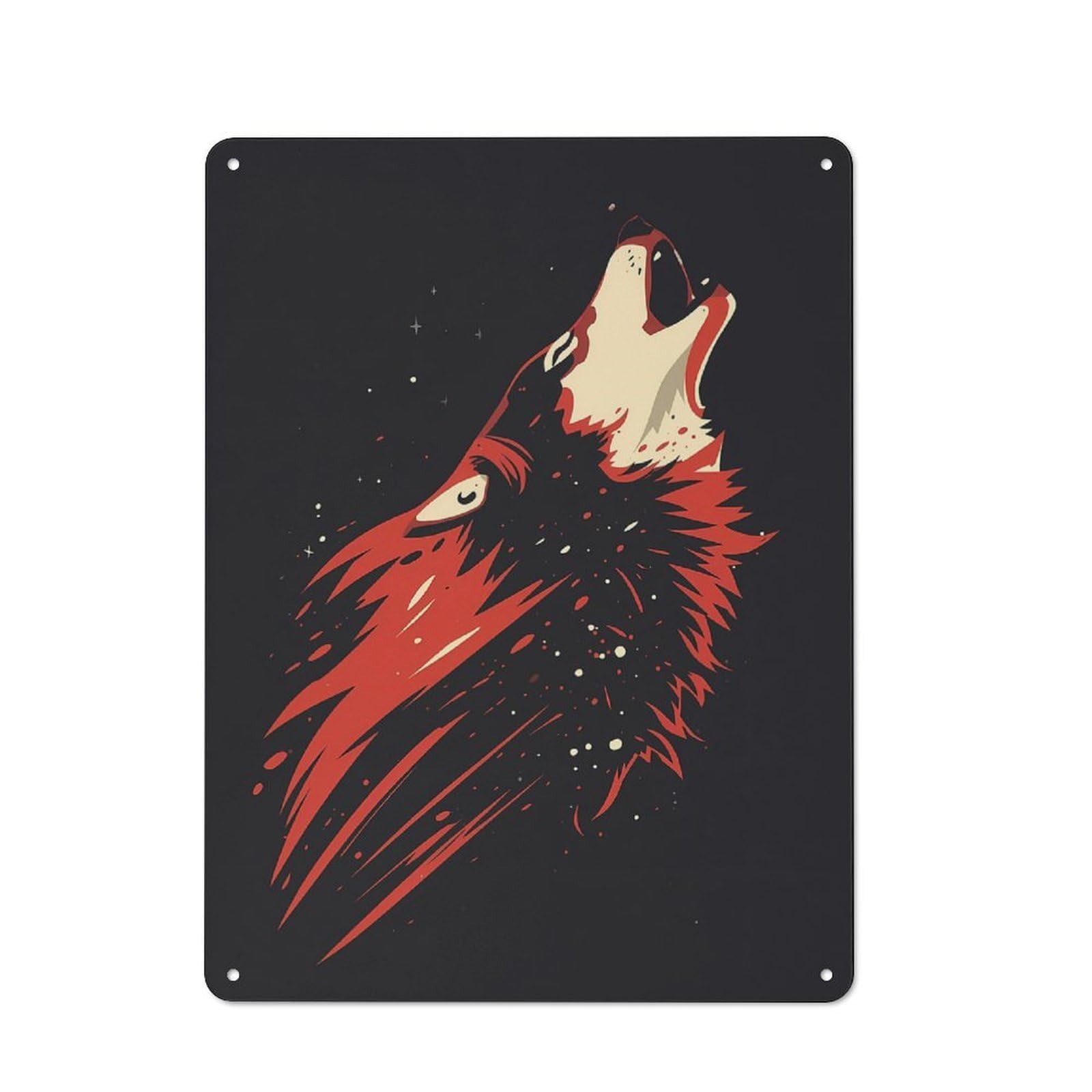 Junmoney Red Wolf Howling At Night Decorative Tin Sign With Design 40X30cm, Classic Retro Room Decor For Kitchen, Hallway, Bar Or Small Cafe