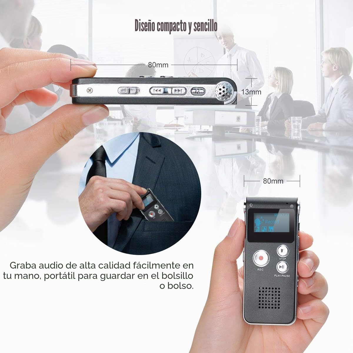 Grabadora de Voz Dictáfono LCD USB Grabadora de Voz Digital Profesional Portátil Reproductor MP3 de Larga Duración Batería Recargable-8GB (Negro)