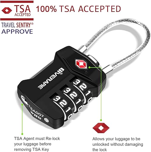 Miniatura 4 de Paquete de 2 cerraduras de equipaje de viaje aprobadas por la TSA, aleación de bloqueo de combinación de cables, candados de metal de 3 dígitos,