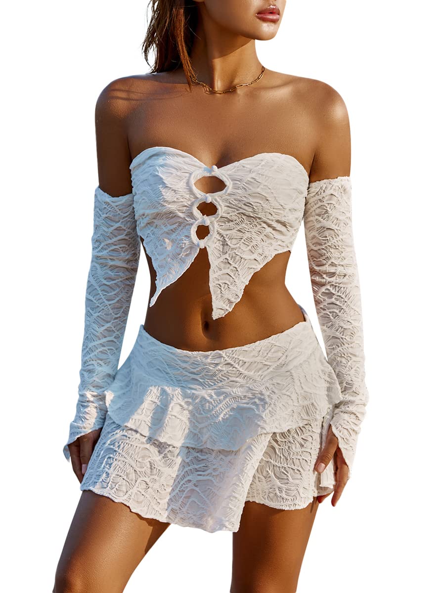 Ensemble Jupe 2 Pièces Été Femme Y2K Dentelle Patchwork Taille Haute - Haut Court Et Jupe Trapèze