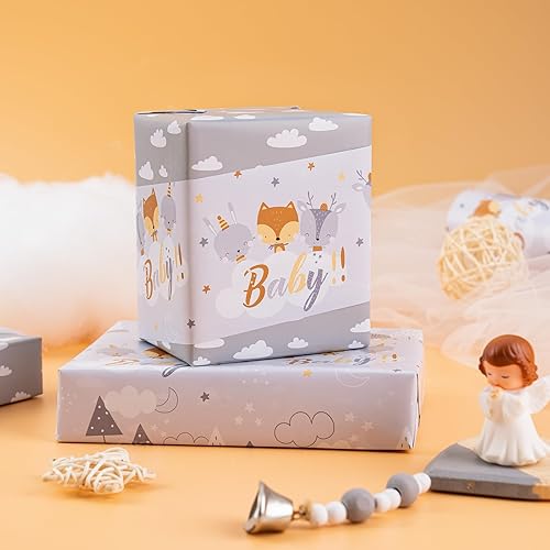 Miniatura 7 de WRAPAHOLIC Papel de regalo reversible para baby shower, mini rollo, 17 pulgadas x 33 pies, diseño de animales grises neutros, baby shower,