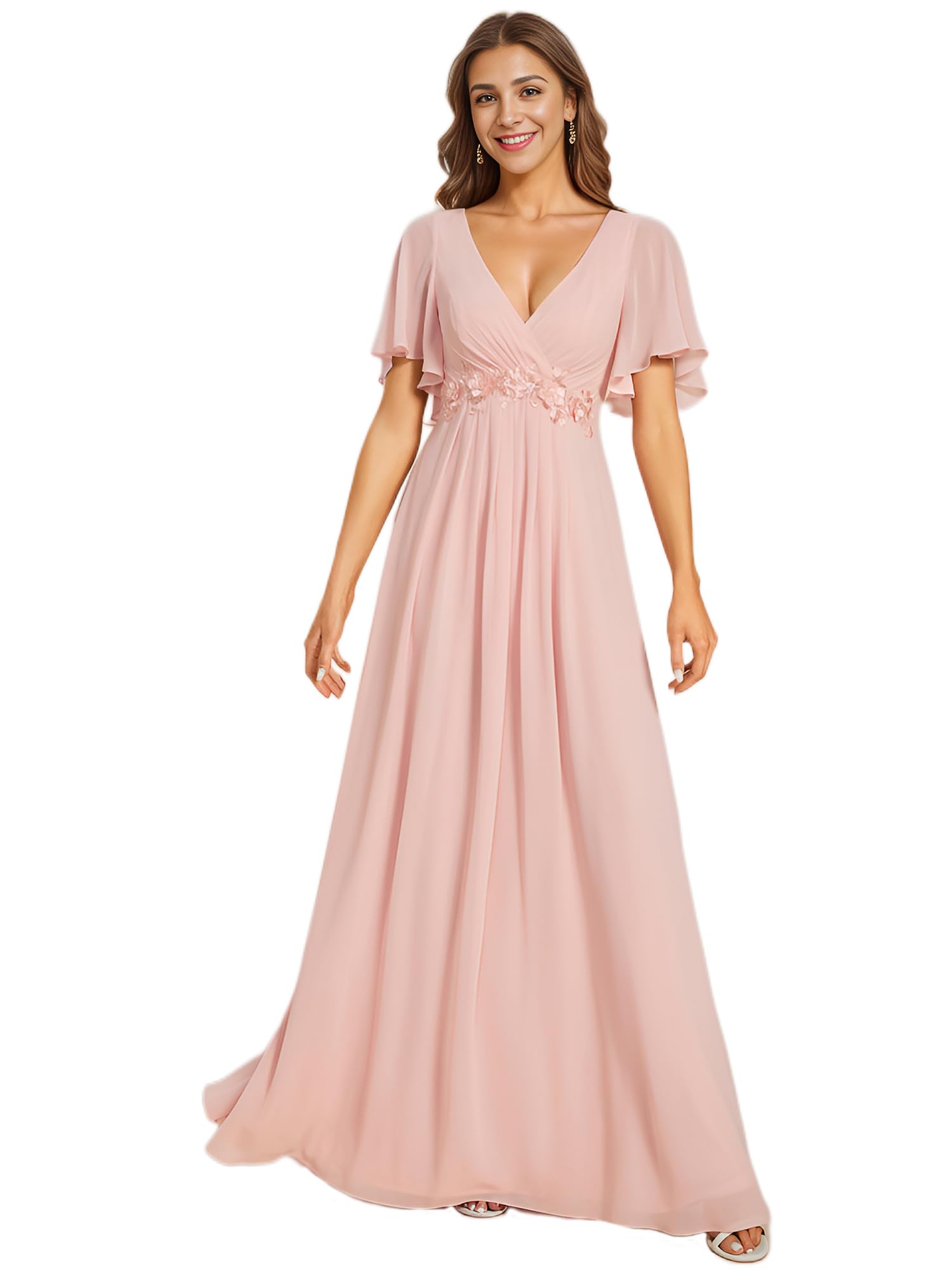 Ever-Pretty Damen Abendkleid Lang Elegant für Hochzeit Appliziertes V-Ausschnitt A-Linie Ballkleider Chiffon Brautjungferkleider Rosa 42