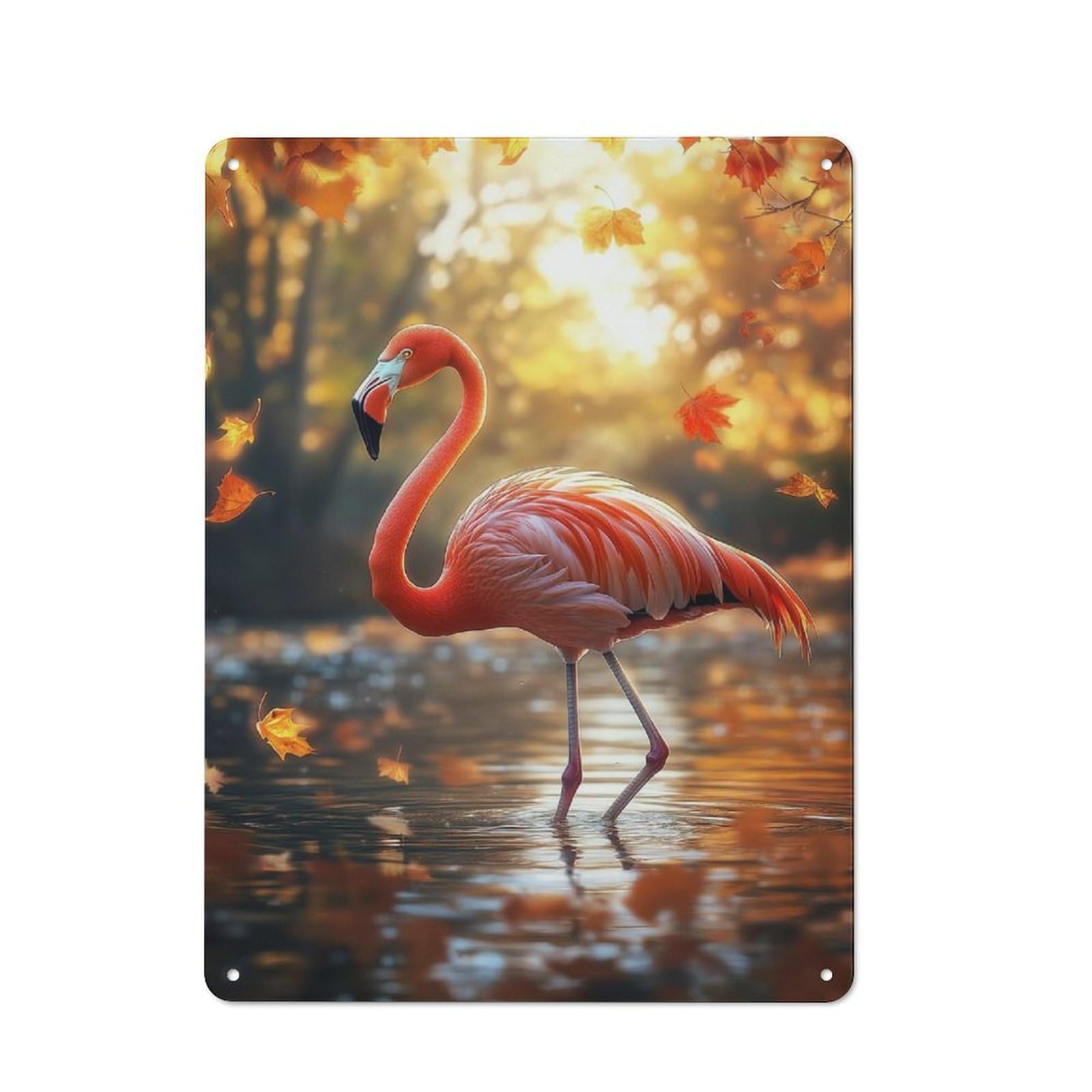 Junmoney Pink Flamingo In Autumn Nostalgic Decorative Tin Sign 40X30cm Featuring Old Style Wall Plaque For Kitchen, Hallway, Bar Or Small Cafe