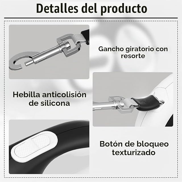 Foto 2 de 8 de Correa retráctil para perro, 16 pies, 360°, sin enredos, con luz LED