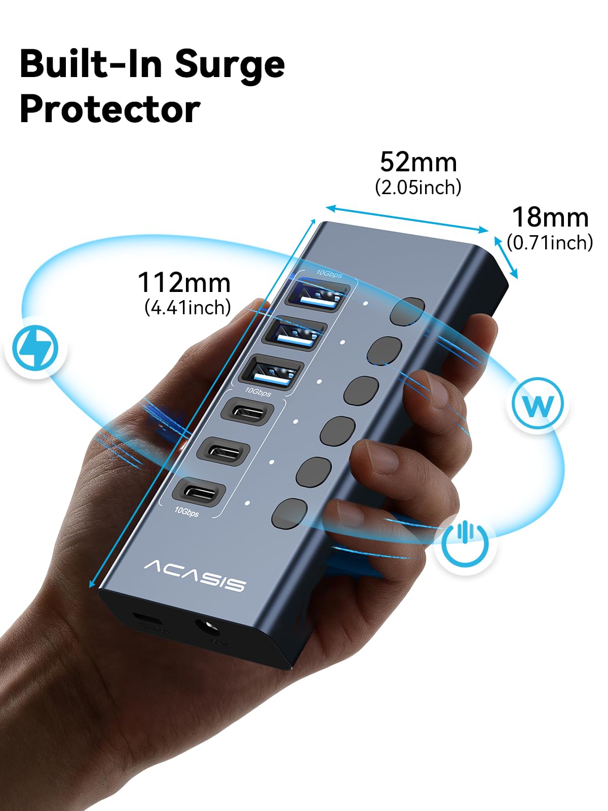 Hub USB 3.2 alimentado, ACASIS 6 puertos USB 3.2 (3 puertos USB-A 3.2 + 3 puertos USB-C 3.2), concentrador USB de aluminio alimentado con adaptador de corriente de 48 W, concentrador USB para PC