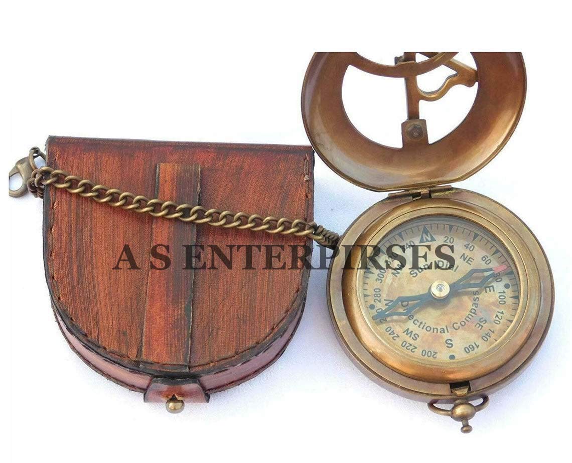 A S E Store Brass Sundial Compass with Leather Case Chain Push Button Compass