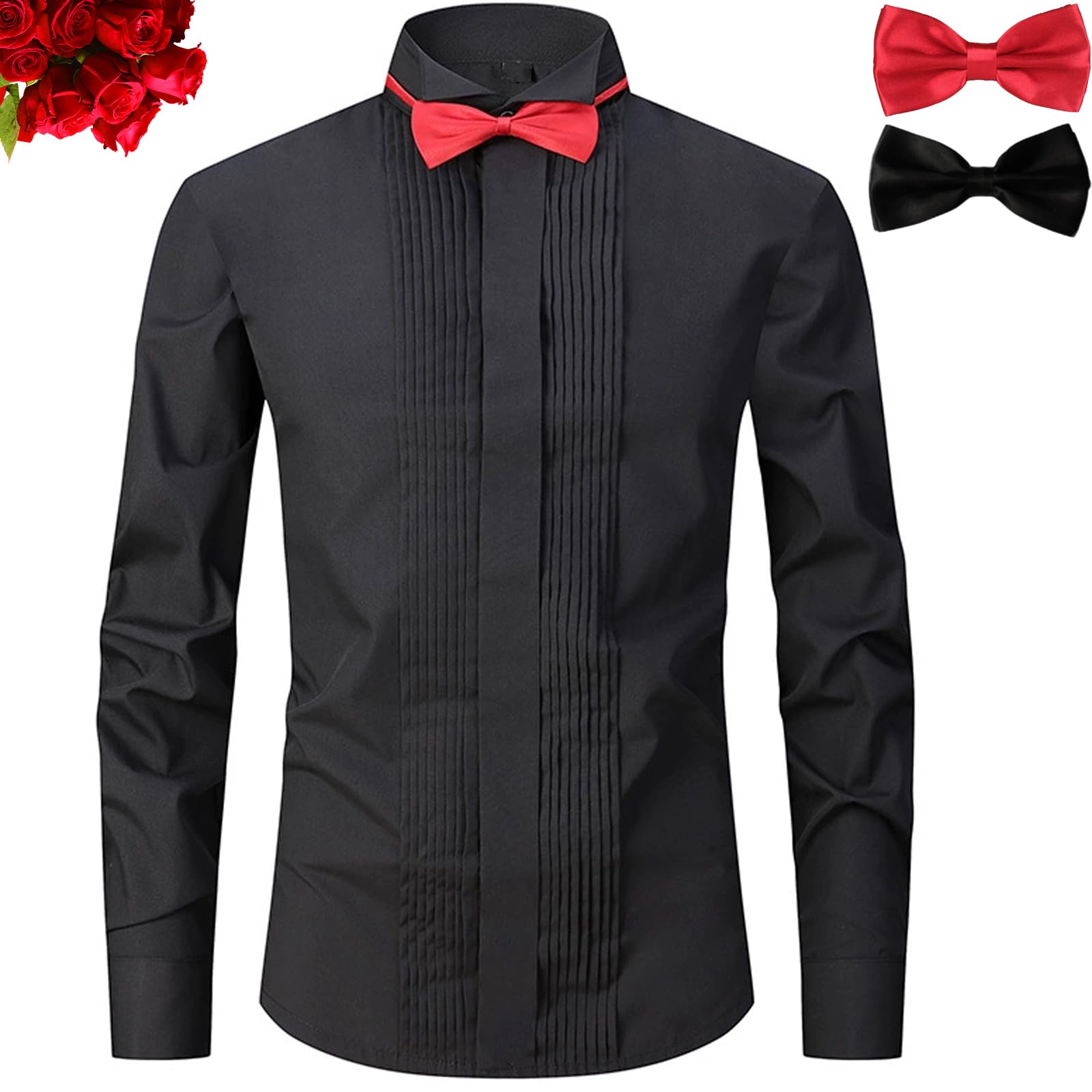 Camicia da smoking da uomo, casual, a maniche lunghe, slim fit, plissettata, con bottoni, per feste di nozze, lavoro, abito da sera formale, camicie con 2 papillon