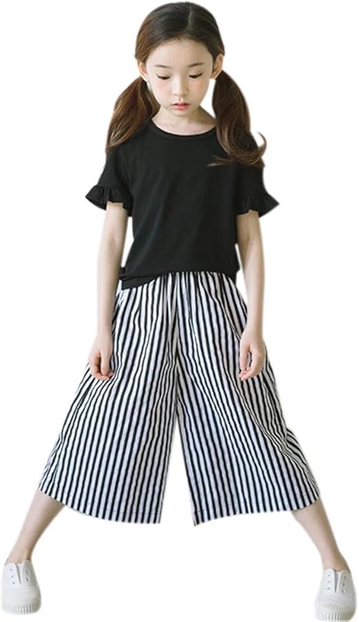 Amazon Amigoyo 子供服 女の子 ガウチョパンツ セットアップ 上下セット 2点セット ストライプ シャツ ワイドパンツ コットン 縞柄 キッズ ルームウェア 普段着 モノトーン シンプル パンツ 通販