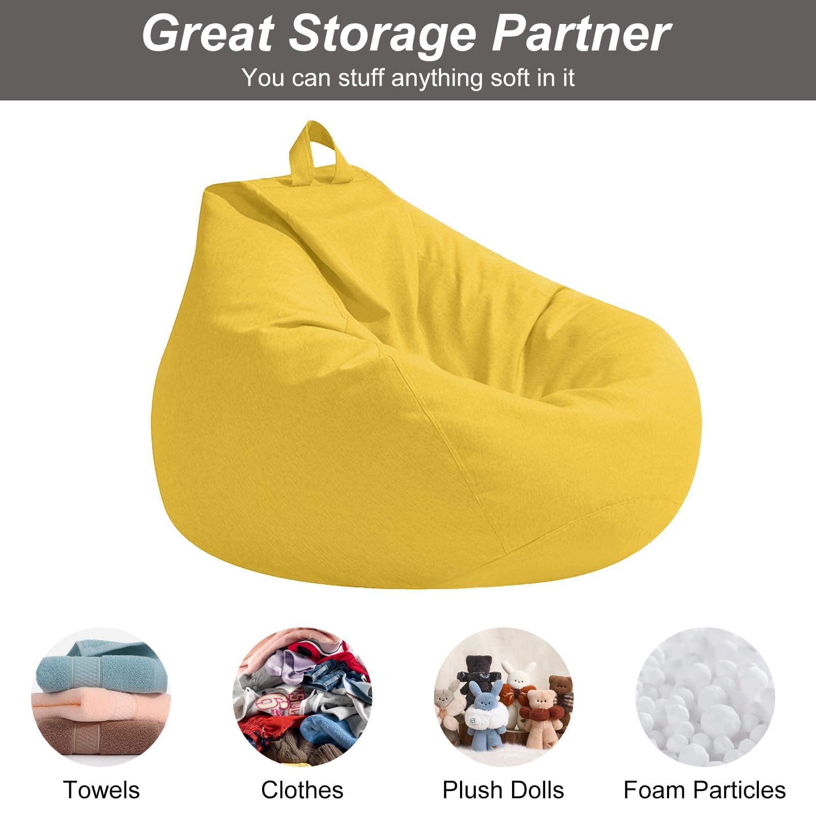 Poltrona Sacco Bambini e Adulti, 100x120 CM Bean Bag (Senza Imbottitura), Pouf Morbido Sacco con Chiusura Lampo,Antipolvere Fodera per Poltrona a Sacco, adatto Soggiorni, Camere (Giallo)