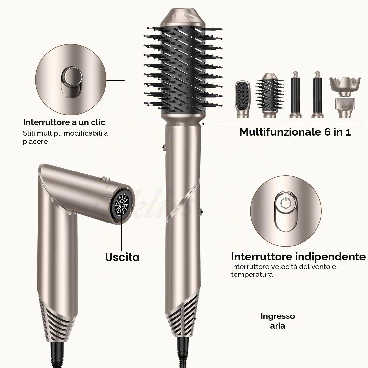 Modellatori Capelli Spazzola Ad Aria Calda con Diffusore, 6 in 1 Air Styler Spazzola Asciugacapelli, Hairstyler Phon Capelli con Arricciacapelli Ad Aria Volumizzante Spazzola Lisciante, Platino-oro