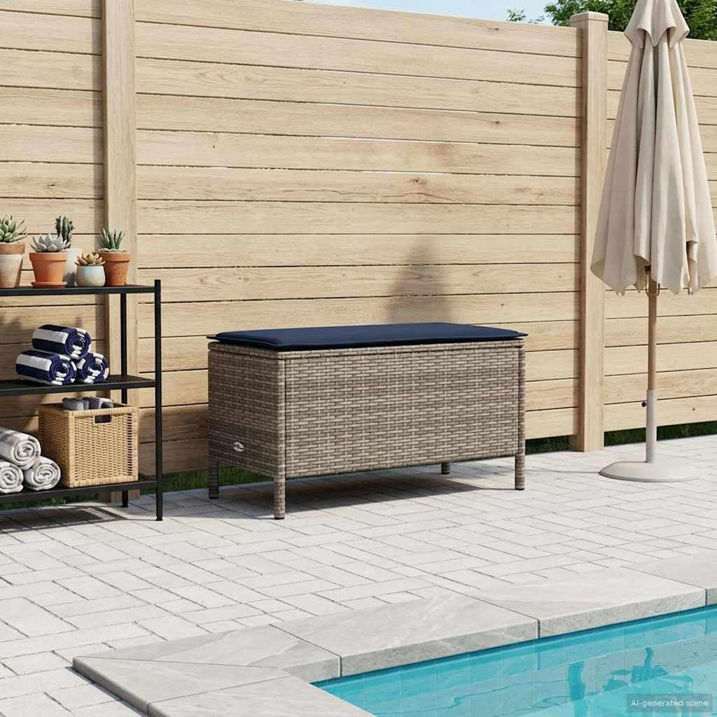 Poggiapiedi da Giardino grigio e blu navy in polyrattan 80 x 38 x 42 cm con cuscino rimovibile per salotto esterno, terrazzo, patio e veranda relax modulare