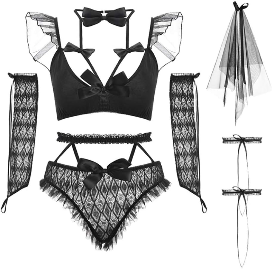 SINMIUANIME Sexy Bridal Lingerie Anime Maid Outfit Bra and Panty Sets Lace Oversleeve Cute