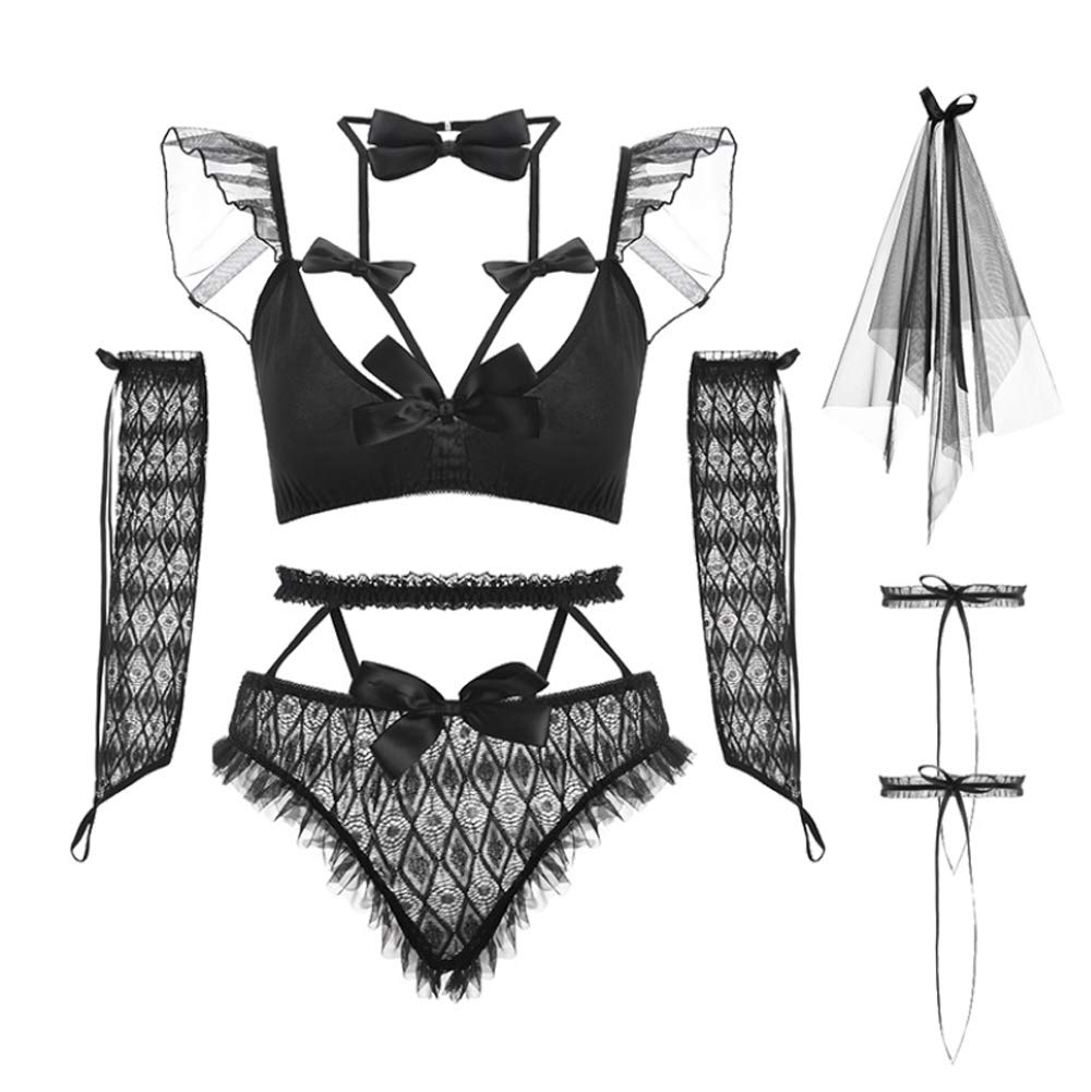 SINMIUANIME Sexy Bridal Lingerie Anime Maid Outfit Bra and Panty Sets Lace Oversleeve Cute