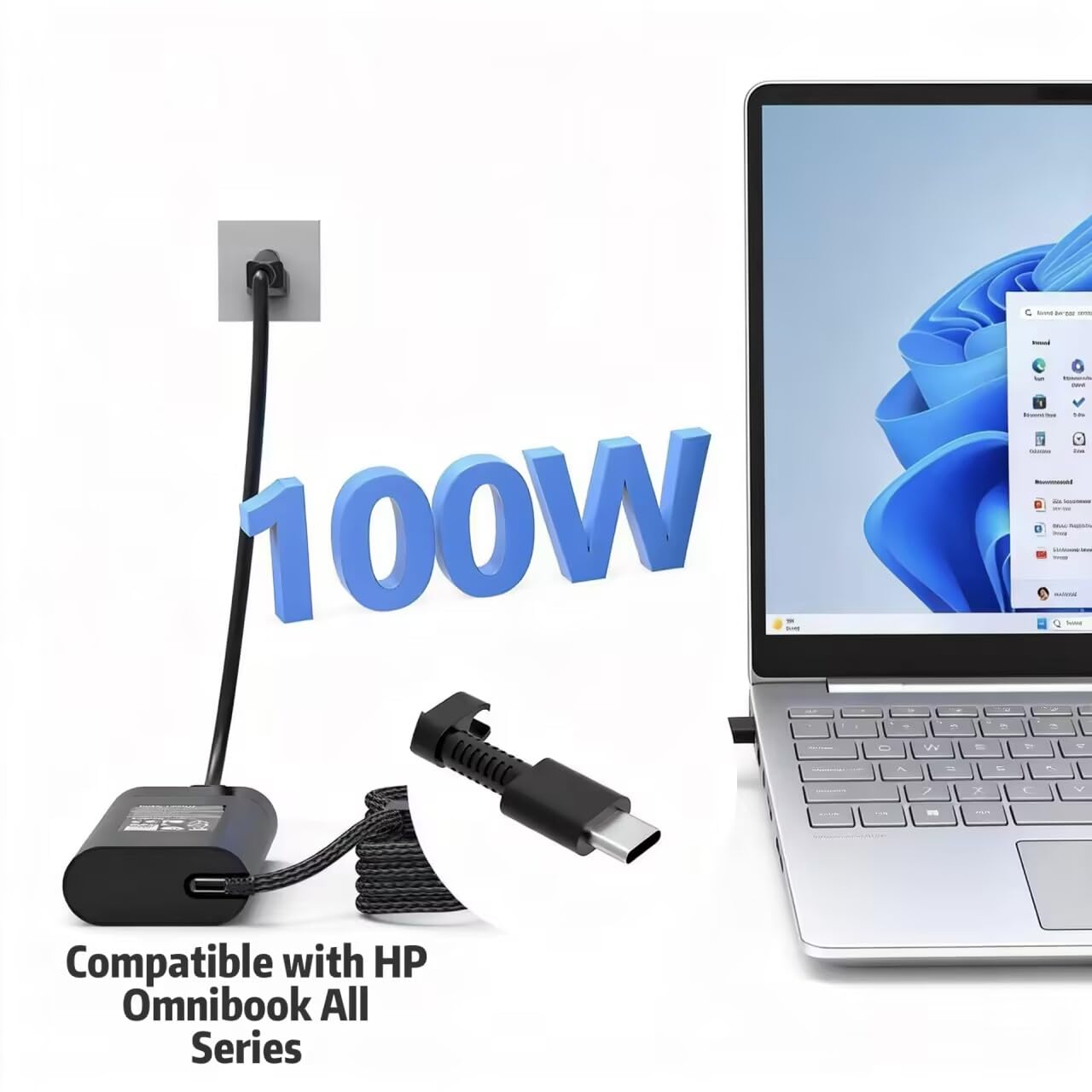 Caricabatterie USB-C da 100 W compatibile con laptop HP OmniBook 7 X Series, OmniBook 7/X 13,3", 14", 16", 17,3" pollici Next Gen AI (13-bg/14-fs/16-az/17-dc/17-dd), con cavo di alimentazione lungo e