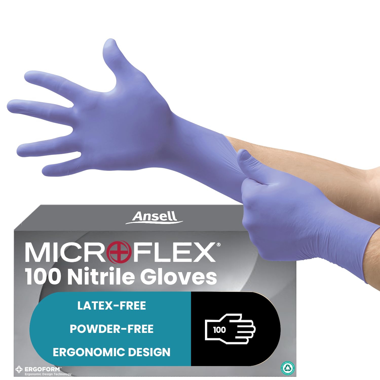 Ansell MicroFlex 93-843 Powder-Free Disposable Nitrile Gloves, Multipurpose, Chemical and Mechanical Protection, Blue, Size XS (100 Pieces)