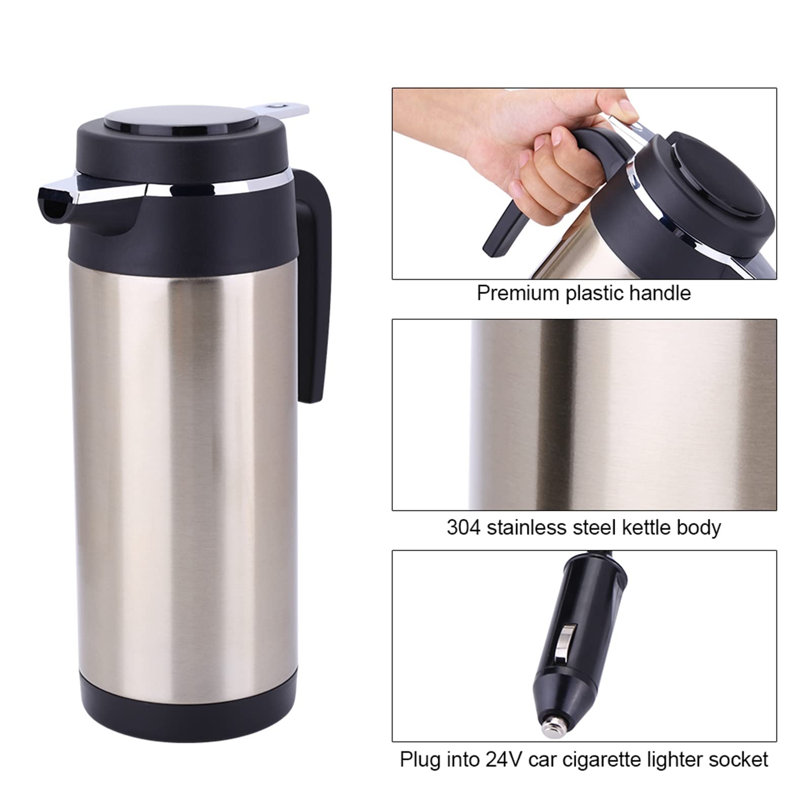 Eujgoov Auto-Wasserkocher, Warmwasserbereiter, 24 V, Edelstahl, 850 Ml, mit Automatischer Abschaltung, Schnelle Erwärmung, Isolierter Griff für LKW-Reisen, Tee, Kaffee, Babymilch