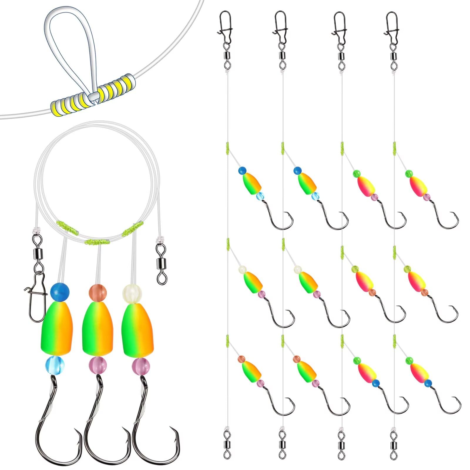 Dovesun 10PCS/4PCS Pompano Rigs for Surf Fishing Unique T-Knot Strong Pre-Rigged Surf Fishing Rigs with Three Circle Hooks Saltwater Pompano Floats